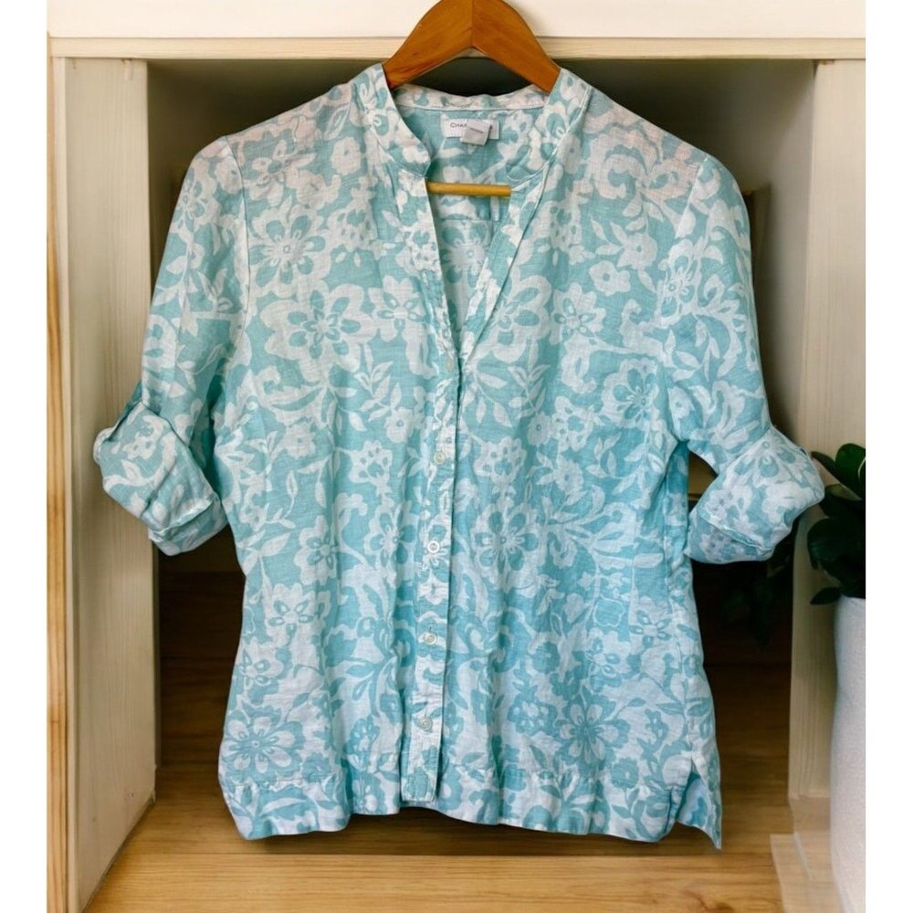 Charter Club Petite Floral Linen Blouse 16P Button Up 3/4 Roll Up Sleeves V-Neck